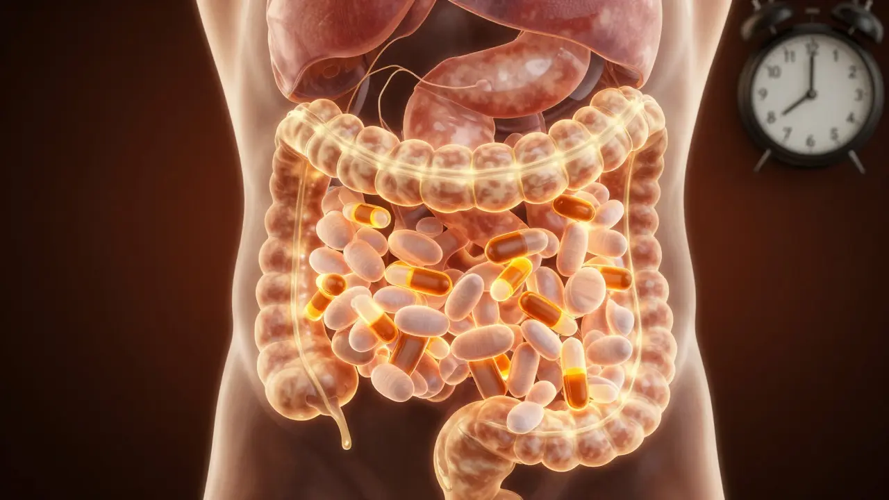 Vnitřní pohled na střevní trakt s vstřebáváním vitamínu C za doplňkového světla a hodinami ukazujícími ráno.