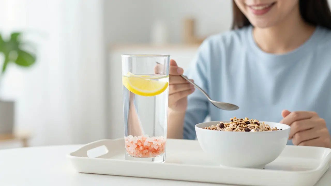 Voda s elektrolity a zdravé jídlo pro trávení a psychickou rovnováhu.