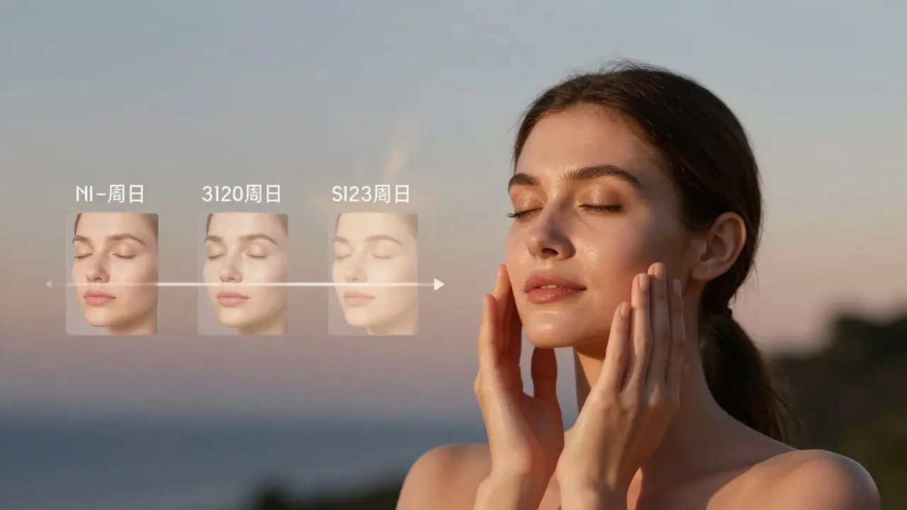 Žena jemně masíruje obličej ve večerním světle, její kůže září zdravím.