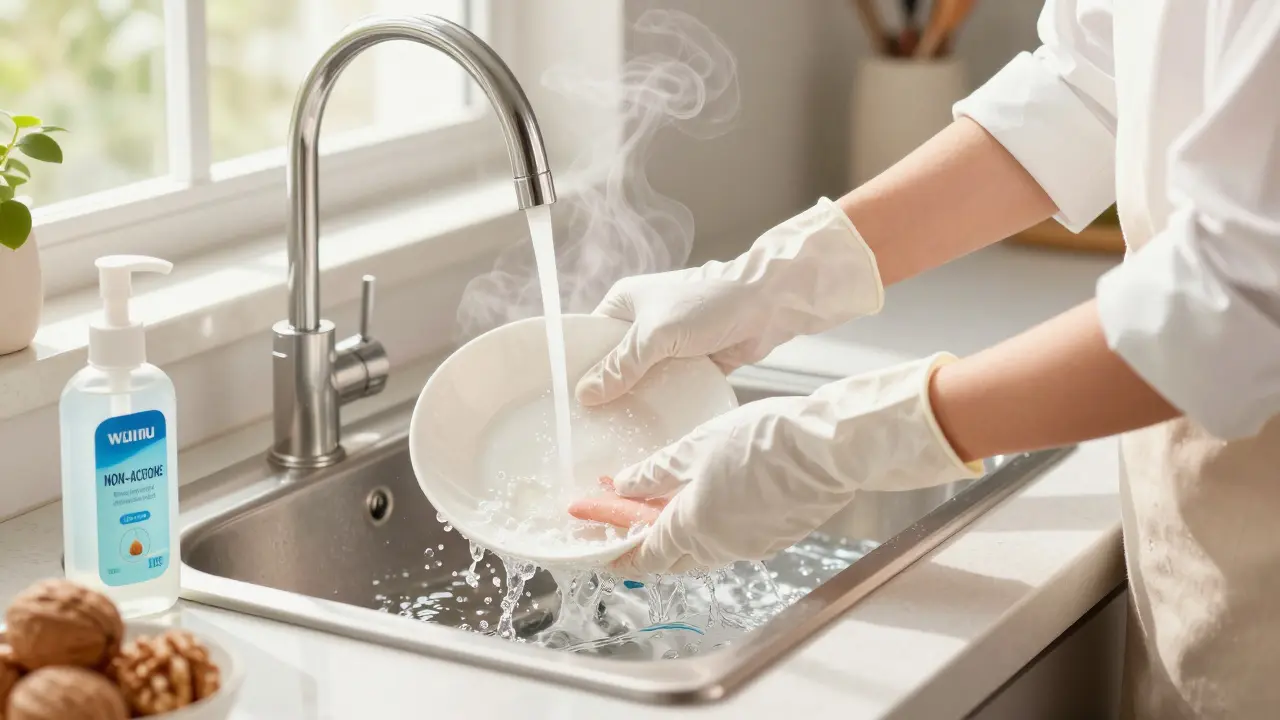 Žena myje nádobí v rukavicích s vlašskými oříšky na stole.