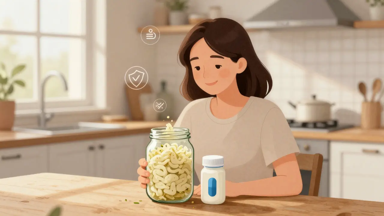 Žena na kuchyňském stole s kysanou kapustou a probiotiky, světlo z okna.