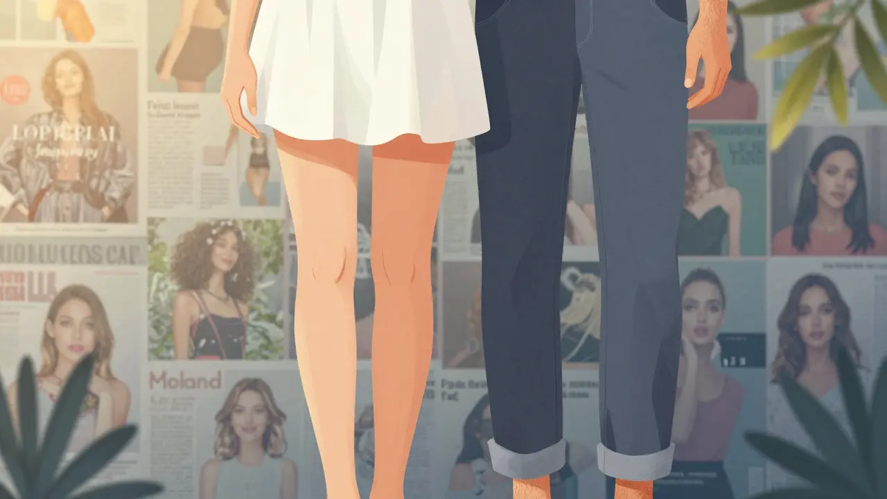 Žena s jednou hladkou a jednou přírodní nohou, pozadí s médiemi a přírodou.