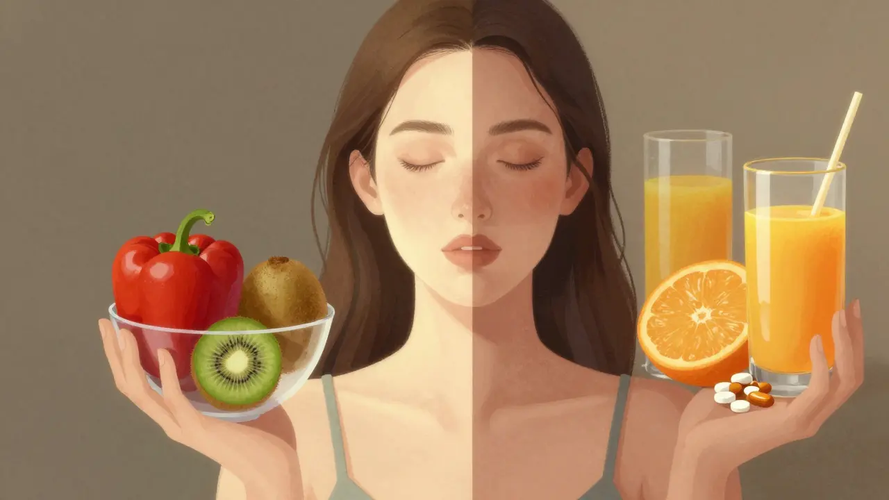 Žena s lesklou pokožkou drží syrovou zeleninu, zatímco vedle ní leží nezdravé šťávy a tablety.