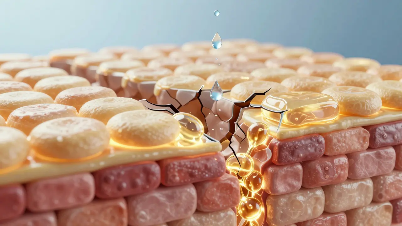 3D ilustrace kožní bariéry znázornující buňky a lipidové ceramidy jako cihlovou zeď.