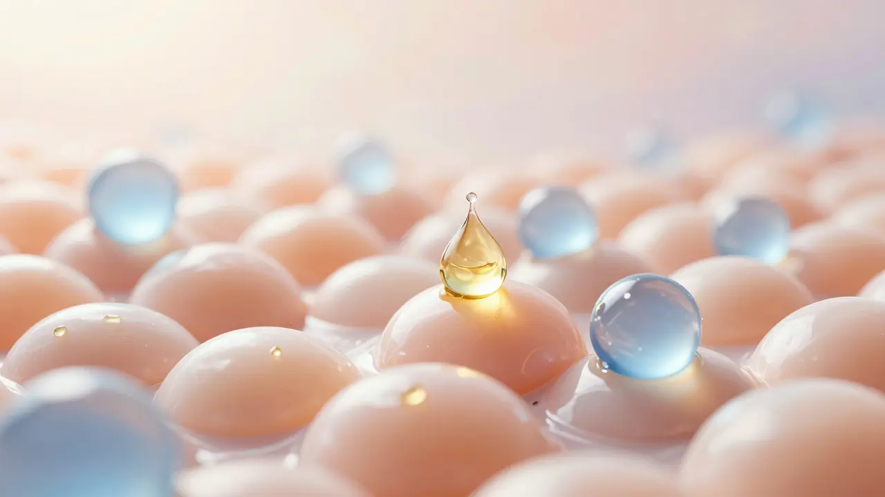 Abstraktní zobrazení hydratace kůže s kombinací vody a vyživujících olejů.