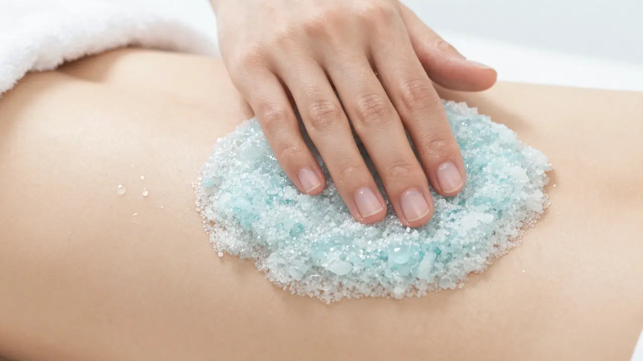 Aplikace cukrového peelingu na kůži břicha pro exfoliaci.