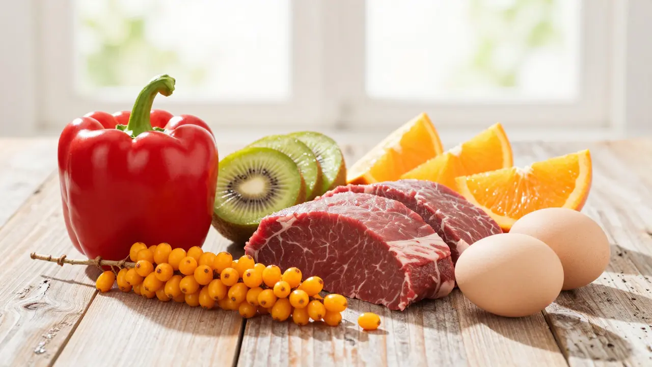 Čerstvé ingredience jako papriky, rakytník a maso na dřevěném stole.