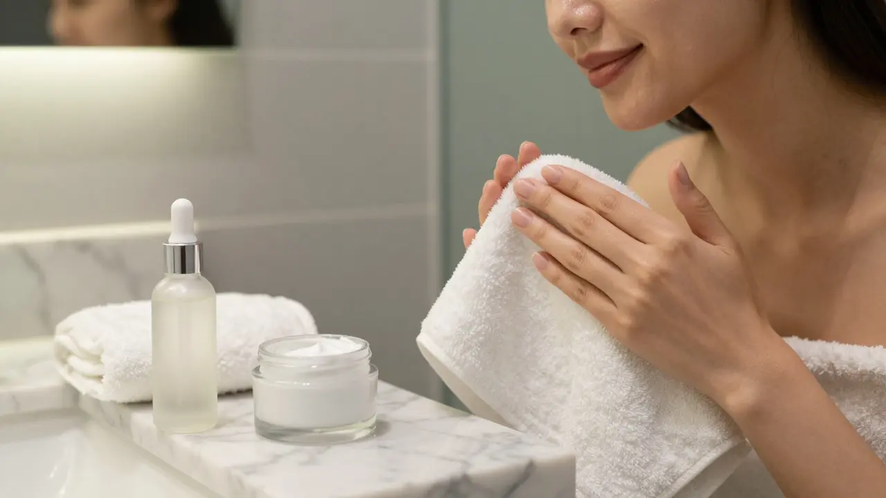 Čistá a hydratovaná pleť po správném odličení v minimalistické koupelně.