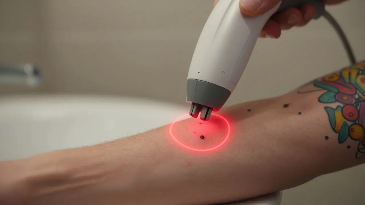 Detail kůže s tetováním a matečky s varovným symbolem pro IPL epilaci.