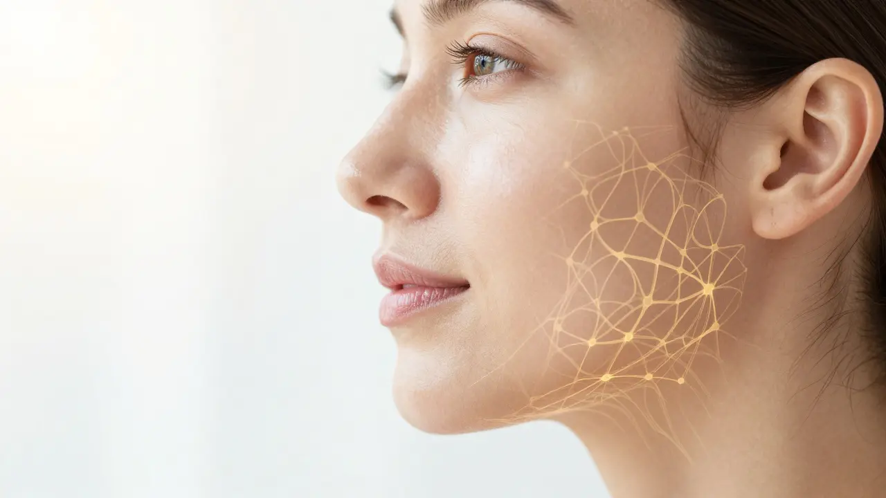 Detail zářivé pleti ženy s vizualizací kolagenové struktury pro elasticitu kůže.