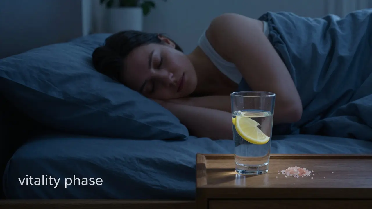 Klidně spící osoba s pohárem citronové vody pro podporu regenerace