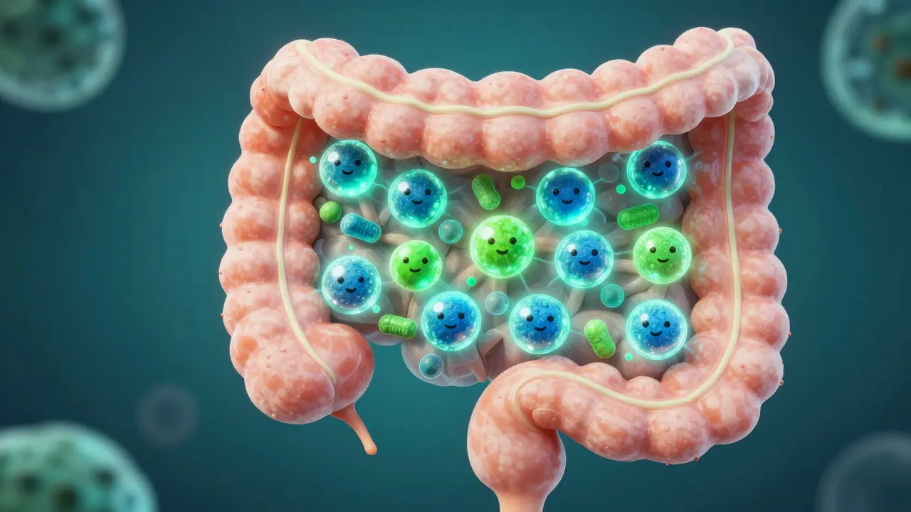 Koncepční ilustrace prospěšných bakterií v psích střevech.