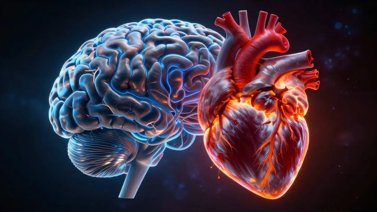 Konceptuální obraz srovnávající lidský mozek a srdce v kontrastních barvách.