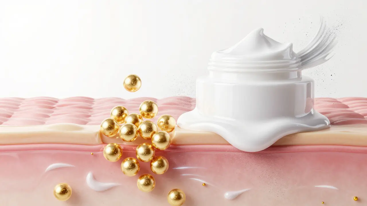 Konceptuální schéma pronikání séra do pleti a ochranné vrstvy krému.