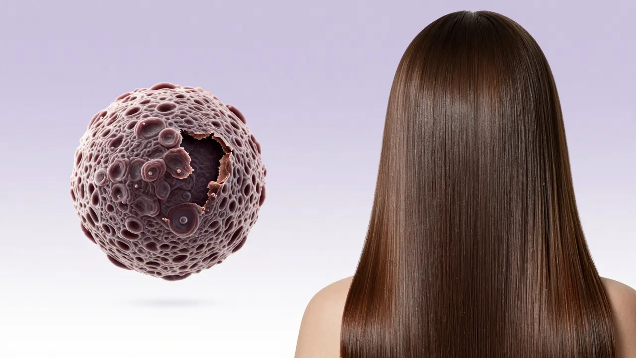 Konceptuální srovnání poškozené kutikuly vlasu a hladkého lesklého vlasu po séru.