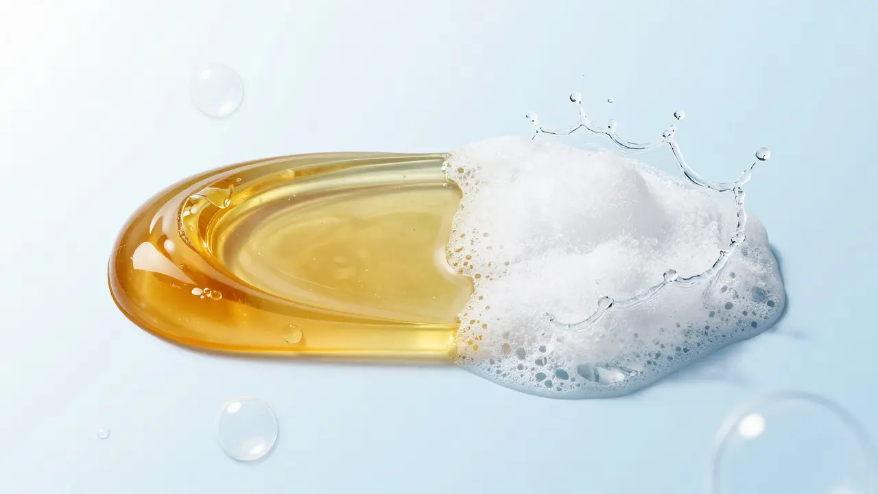 Konceptuální znázornění dvojitého čištění pleti pomocí oleje a pěny.