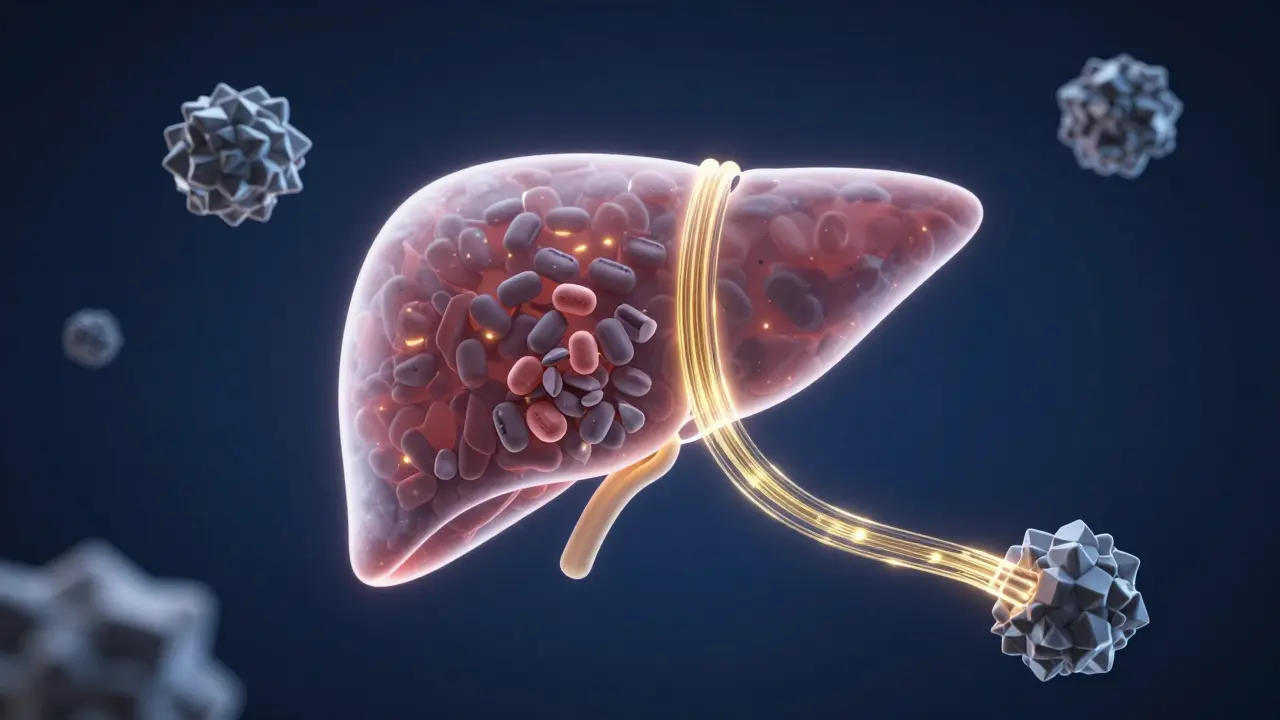 Konceptuální znázornění práce jater při odbourávání alkoholu v těle.