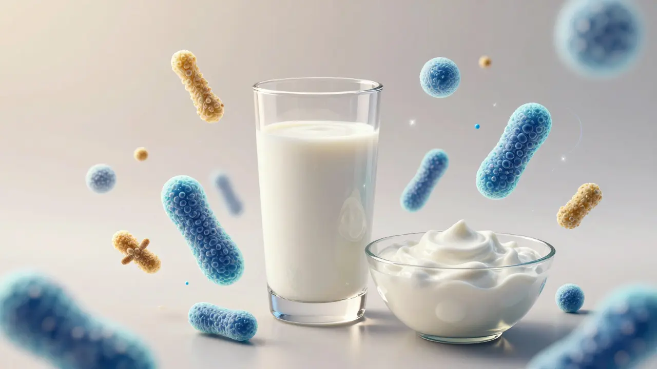 Konceptuální zobrazení bohaté variety probiotických kmenů v kefíru.