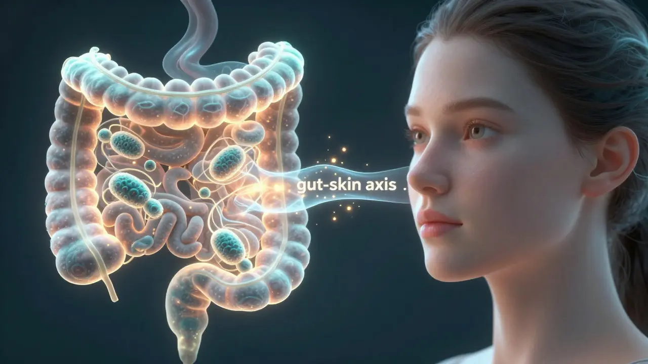 Konceptuální zobrazení spojení mezi zdravím střev a čistotou pleti.