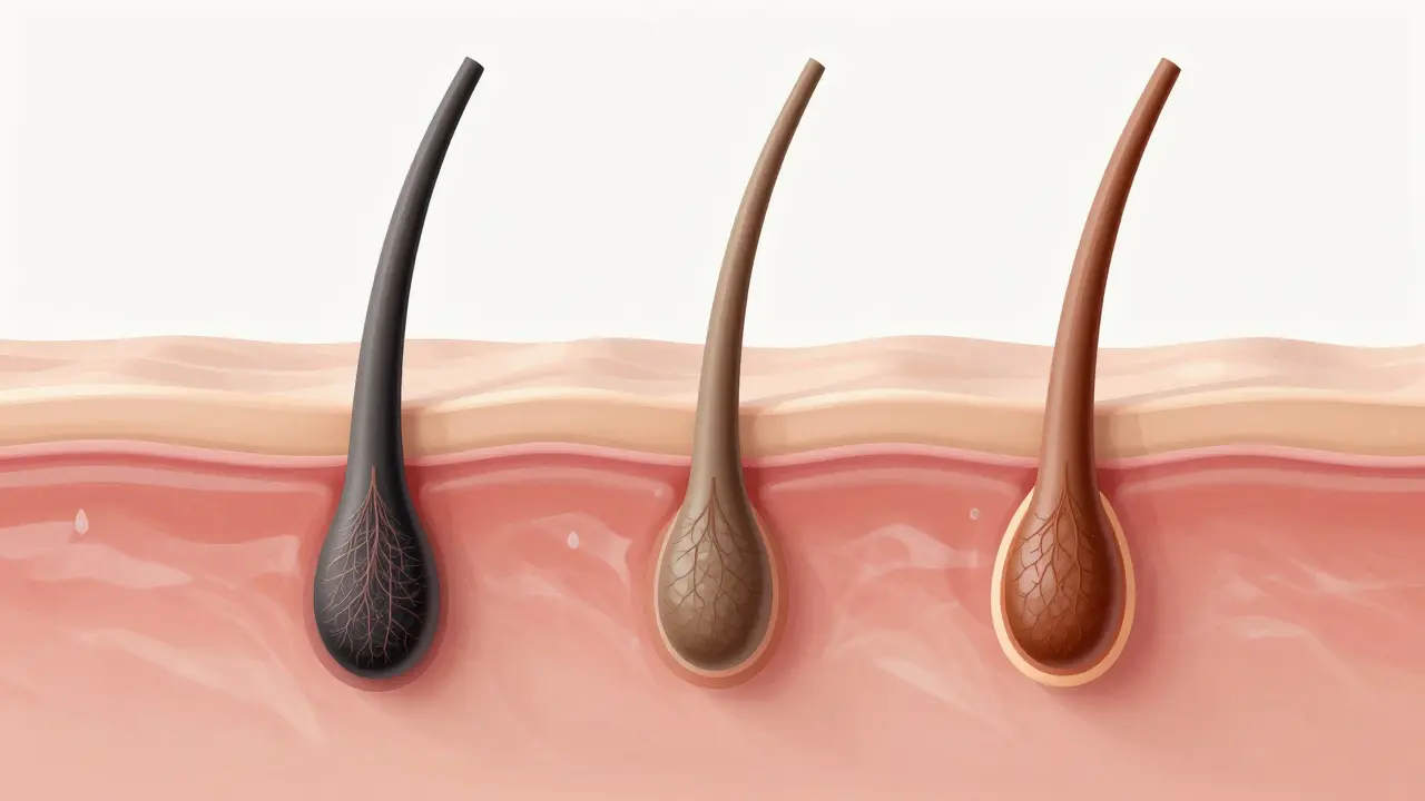 Kresba průřezu kůže znazornující fáze růstu chloupku.