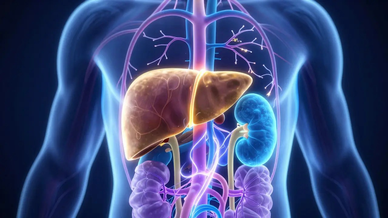 Kresba vnitřních orgánů jako játra a ledviny při procesu čištění těla