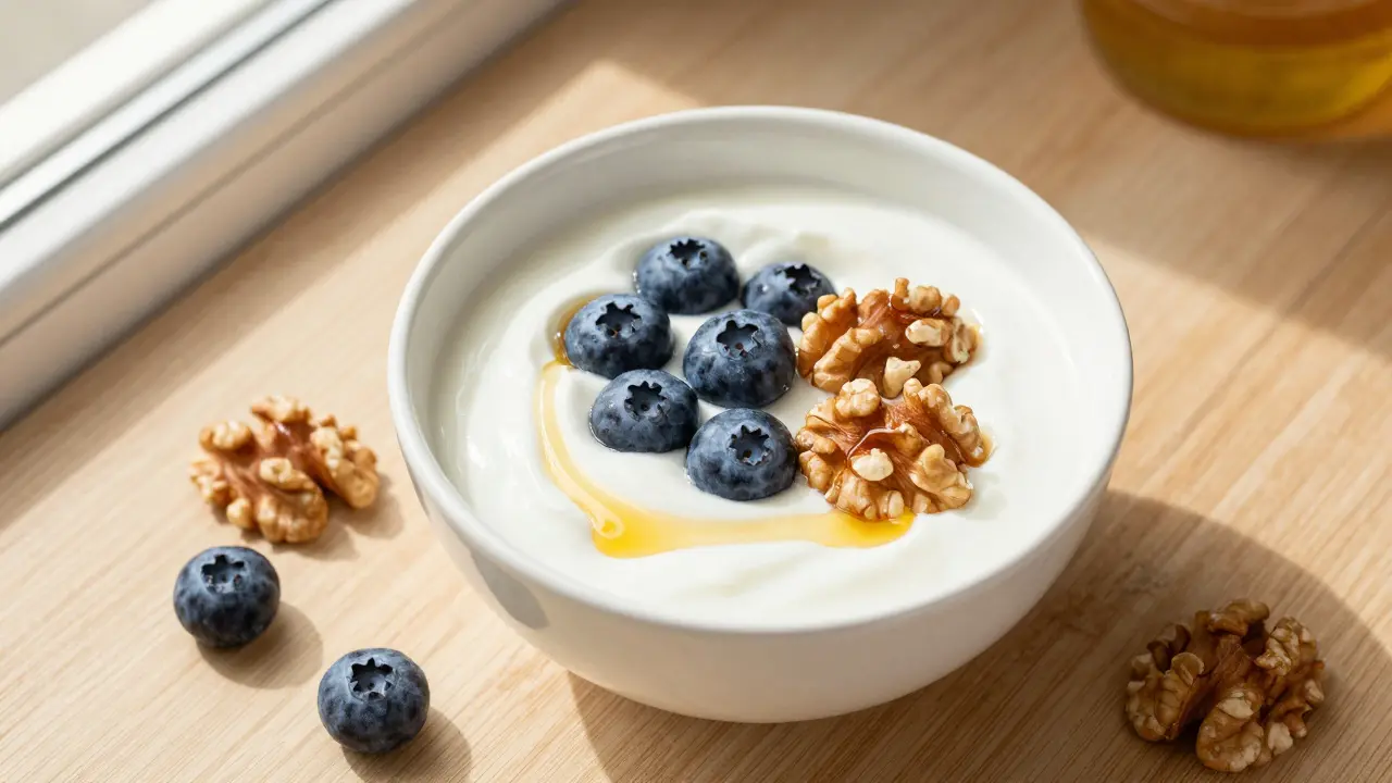 Misknaturního jogurtu s borůvkami a ořechy na dřevěném stole.