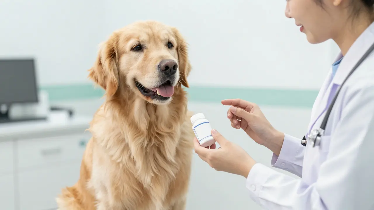 Pes u veterináře při konzultaci o správném podávání doplňků stravy.