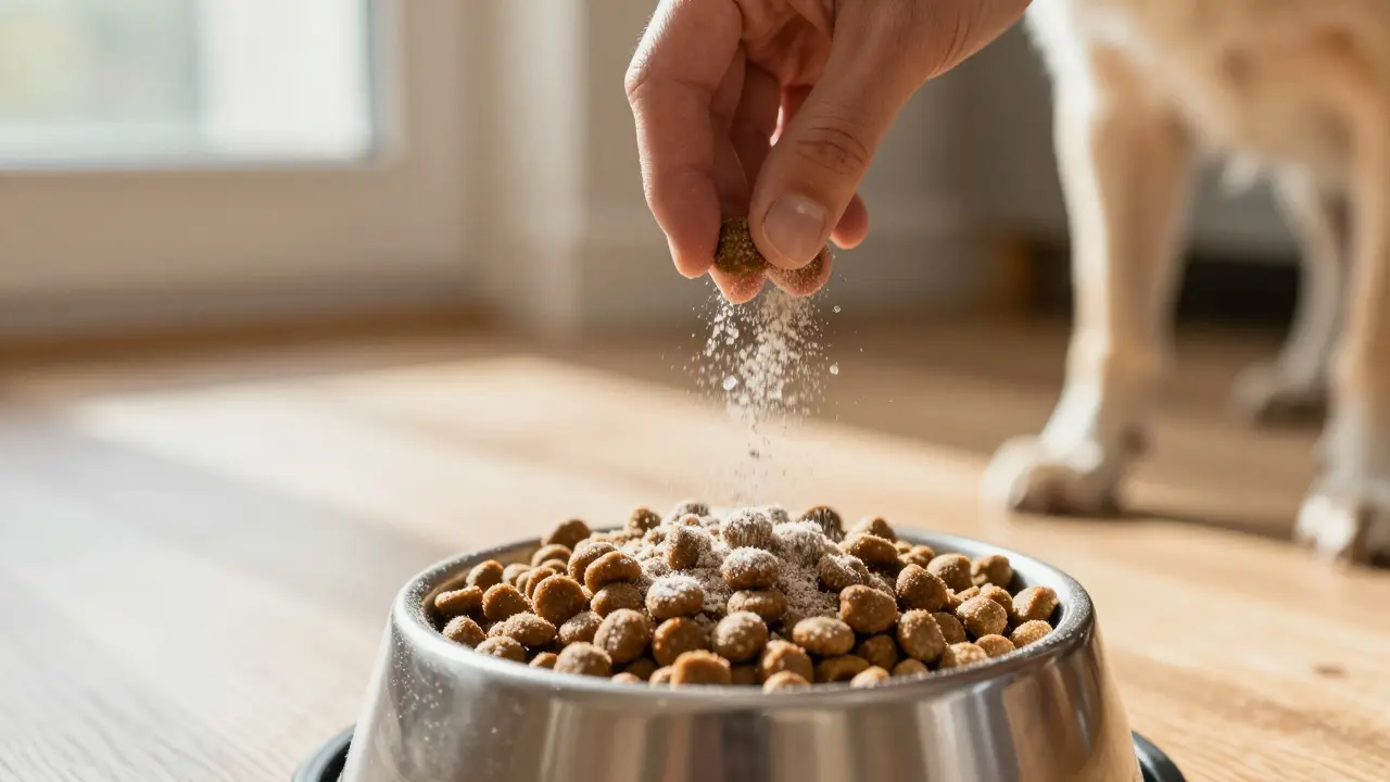 Podávání probiotického prášku do misky s psím krmivem pro podporu trávení.