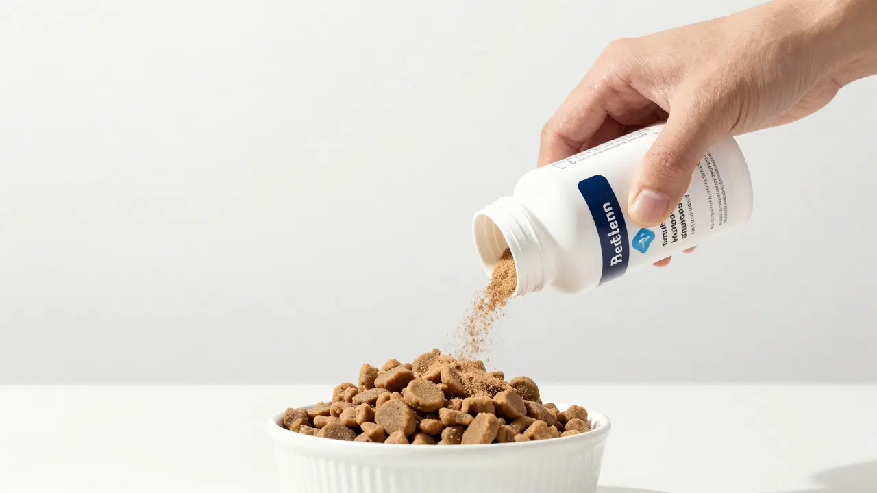 Přimíchávání probiotického prášku do vlhkého psího krmiva.