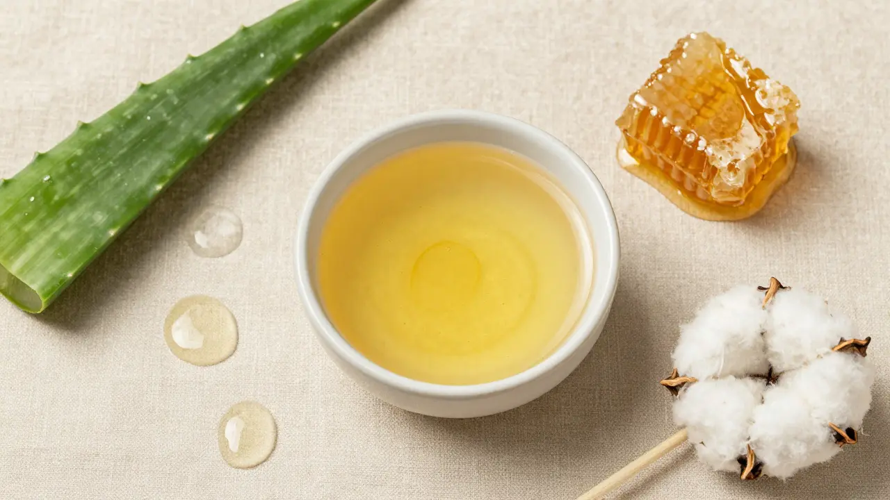 Přírodní maska z cibulové šťávy a medu s aloe vera v minimalistickém stylu.