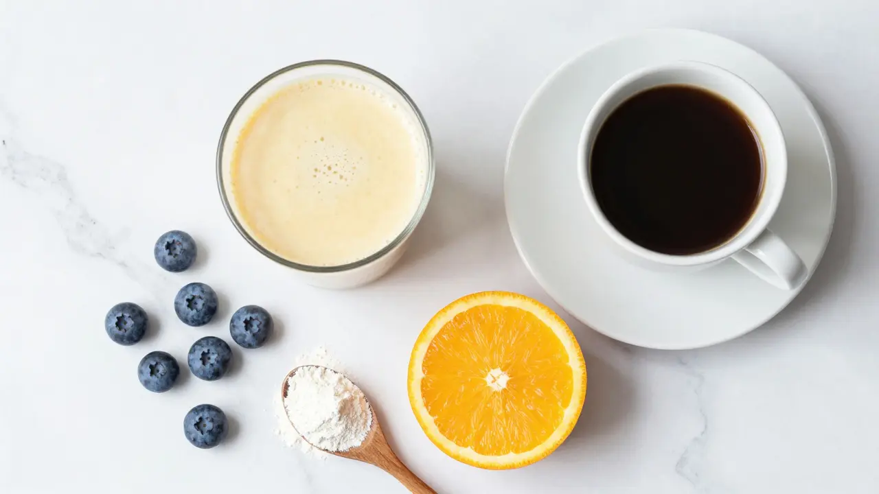 Ranní wellness rituál s kolagenovým práškem, borůvkami a plátkem pomeranče.