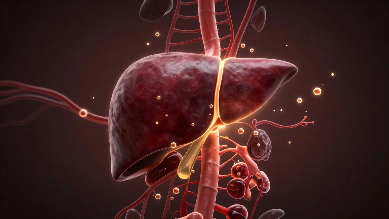 Realistická anatomická vizualizace lidských jater s proudící krví a molekulami.