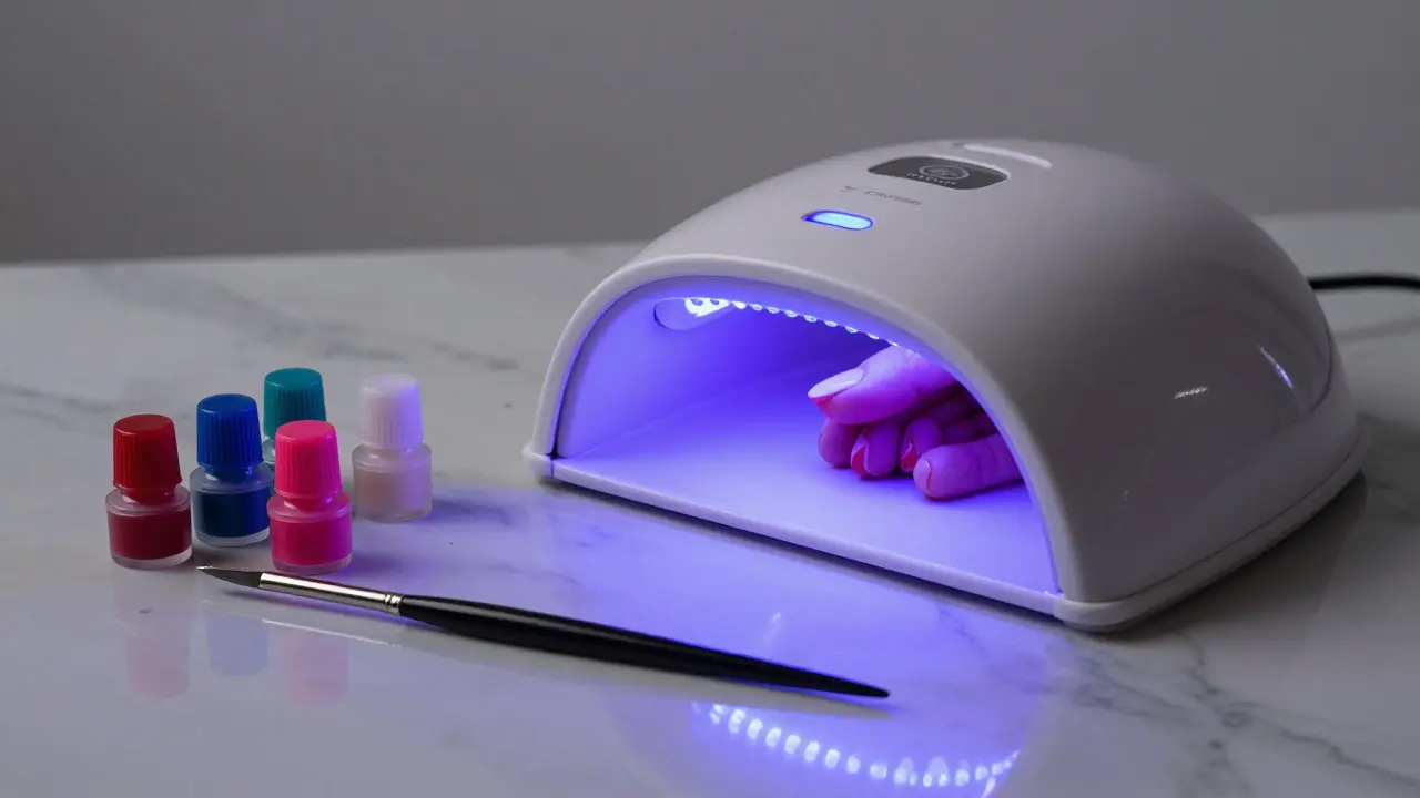 Ruka v UV lampě během procesu ztuhnutí gelového nehtu.