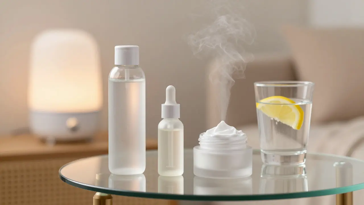 Sada kosmetických produktů pro vrstvení hydratace s difuzérem vzduchu v pozadí.