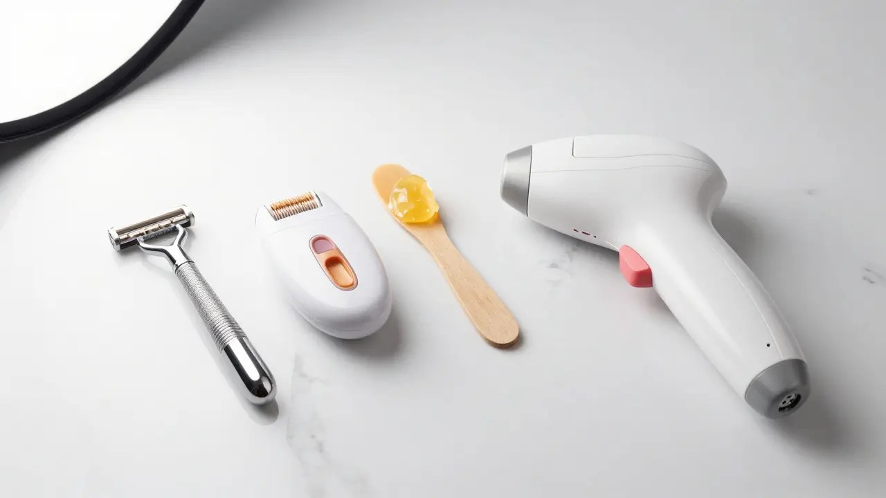 Sada nástrojů pro depilaci včetně žiletky, epilátoru, vosku a laseru.