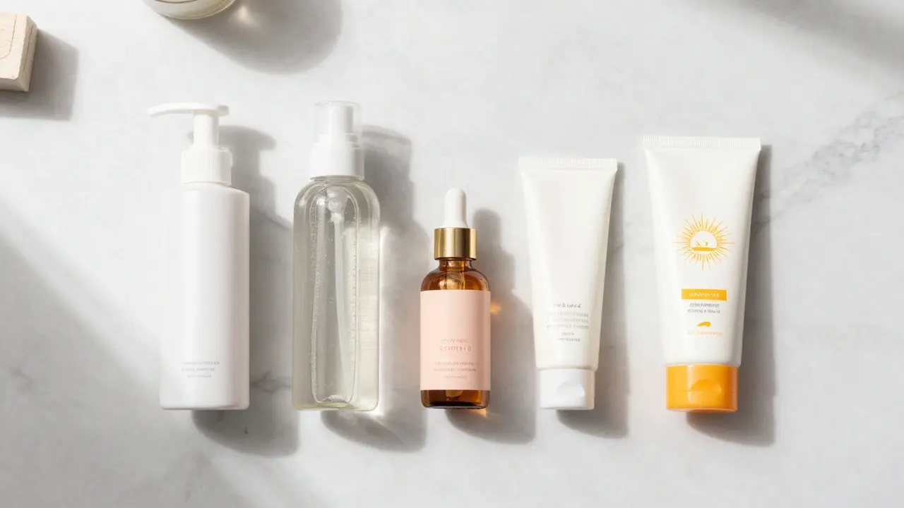 Sada produktů pro ranní péči o pleť v pořadí od čištění po SPF.