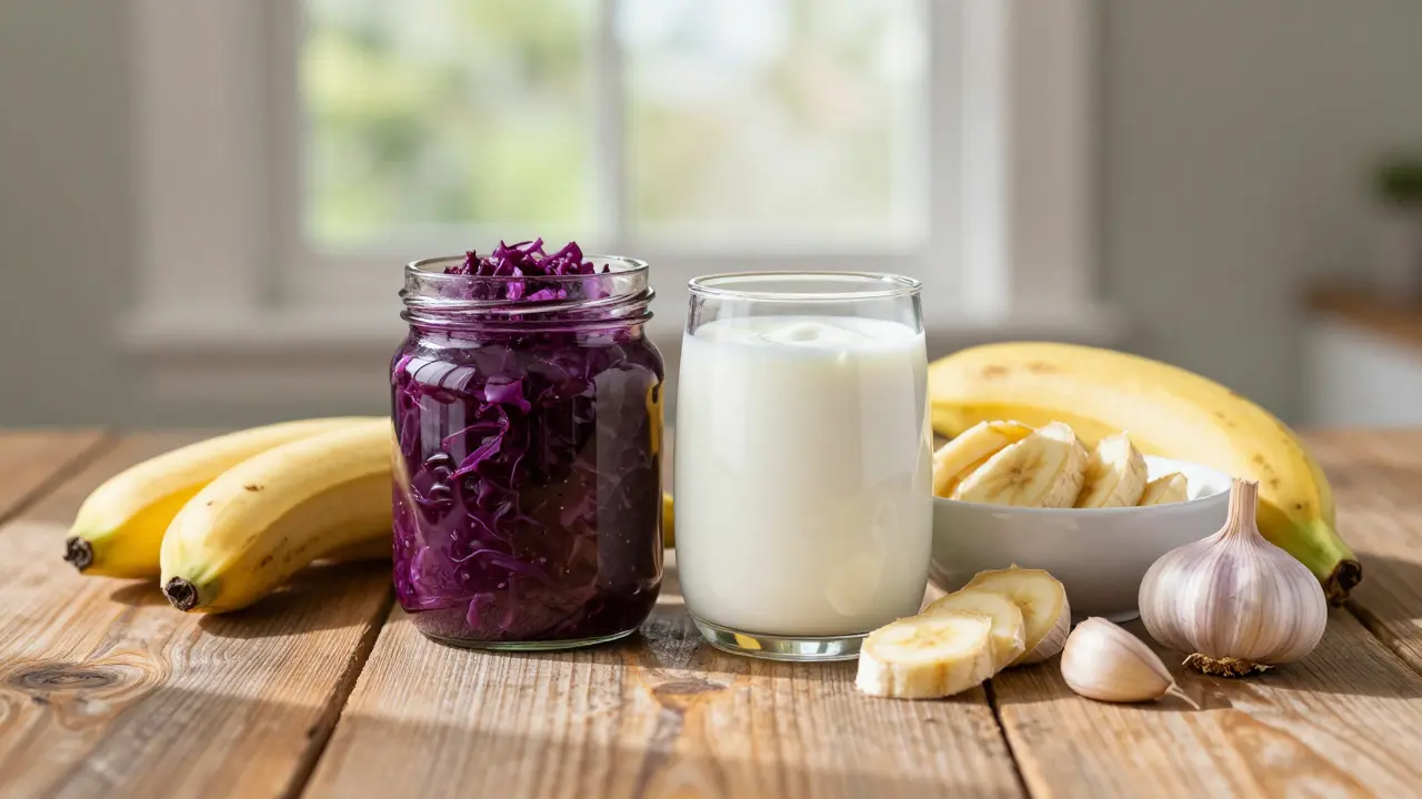 Sestava fermentovaných potravin a prebiotik jako kefír, kysané zelí a banány.