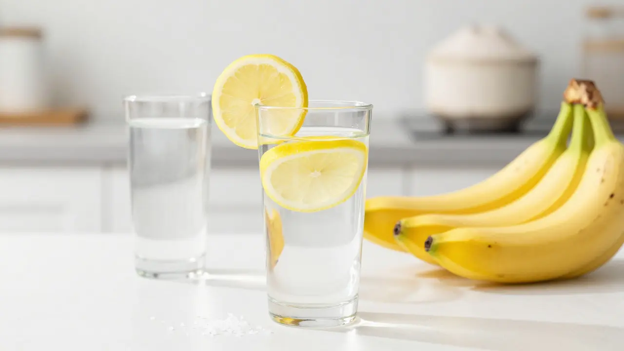 Sklenice vody s citronem, kokosová voda a banány pro hydrataci