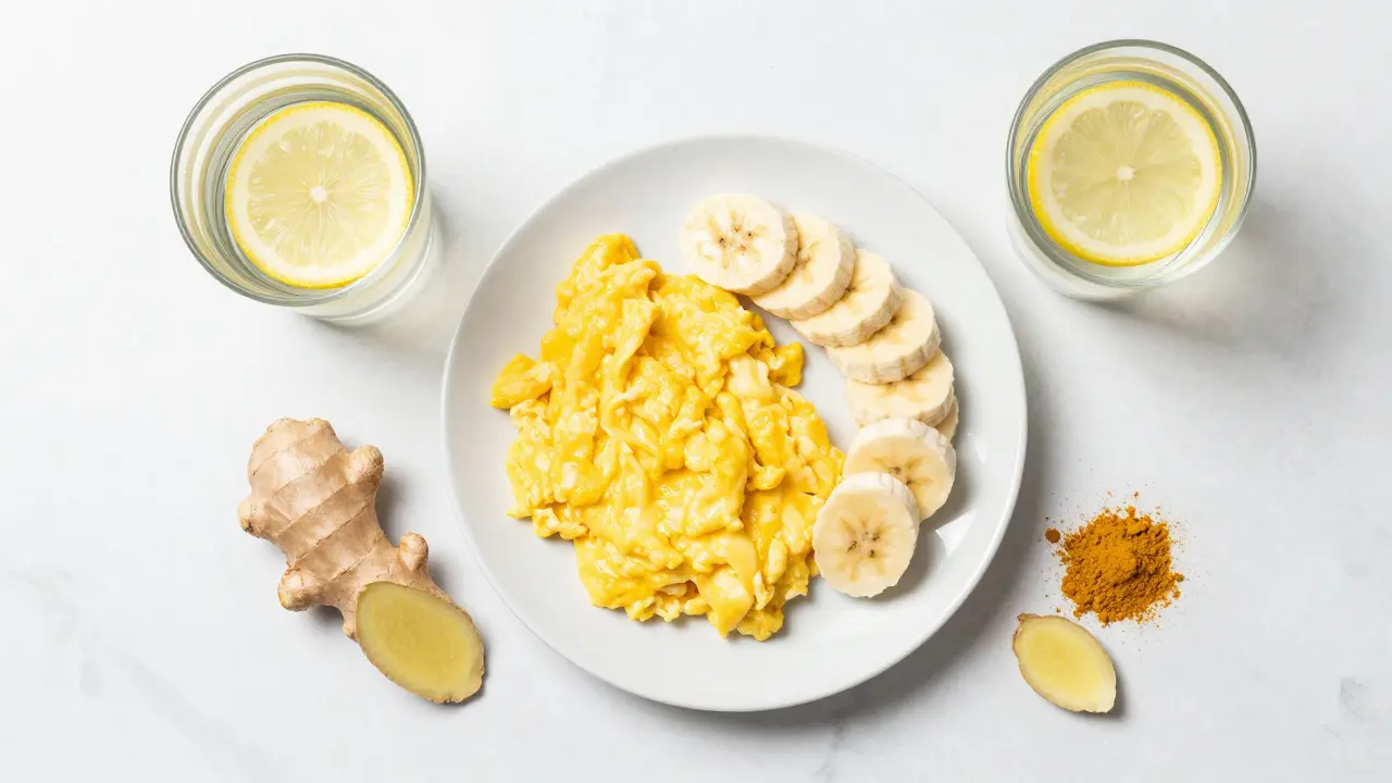Snídaně s vejci a banány pro regeneraci organismu po pití alkoholu.