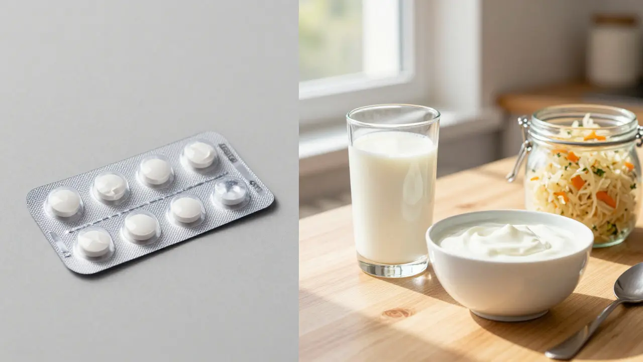 Srovnání antibiotických tablet a přirozených probiotik jako kefiru a zelí.