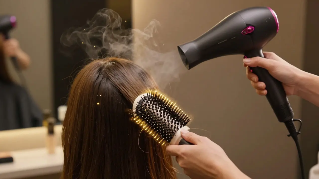 Stylizace vlasů fénem a kulatým hřebenem s ochrannou vrstvou séra.