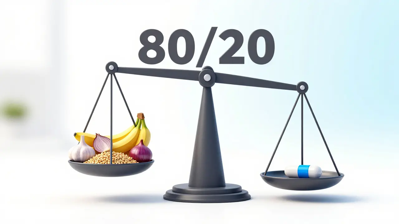 Symbolické váhy vyvažující vlákninu v potravinách a probiotické doplňky.