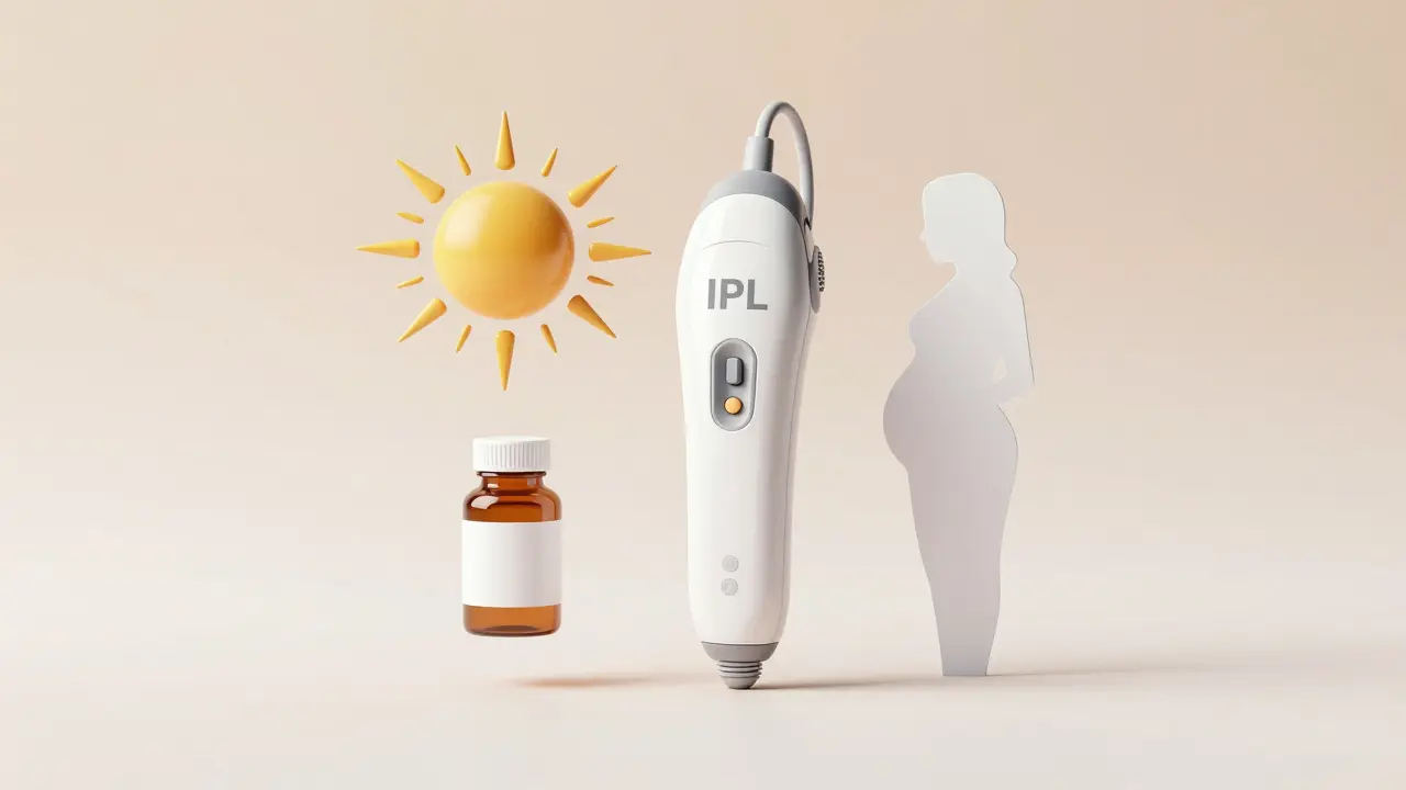 Symbolické znázornění kontraindikací IPL: slunce, léky a těhotenství.