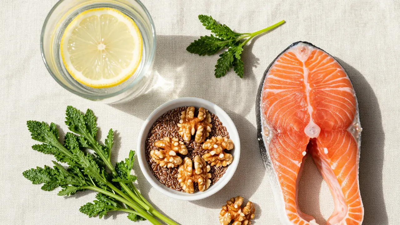 Zdravá jídla bohatá na omega-3 a sklenice vody pro pružnost pokožky.