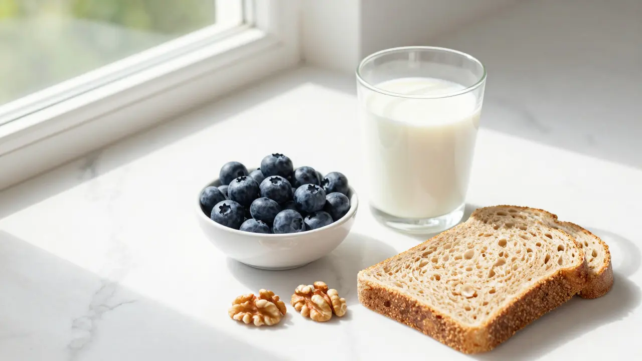 Zdravé alternativy jako borůvky, vlašské ořechy a mandlové mléko na světlém podložení.