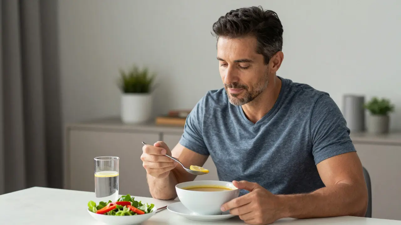 Zdravý člověk užívající vývar a vitamíny v každodenním domácnostním prostředí.