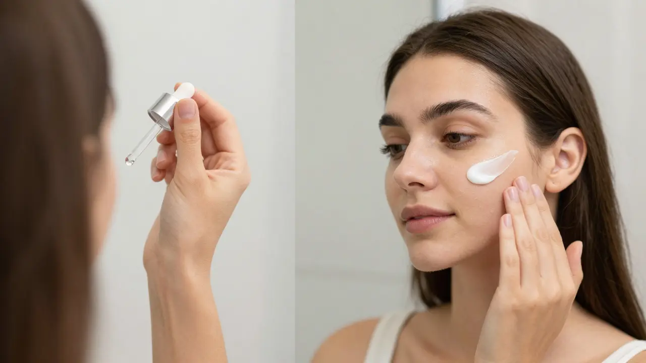Žena nanášející pleťové sérum a následně hydratační krém na tvář.
