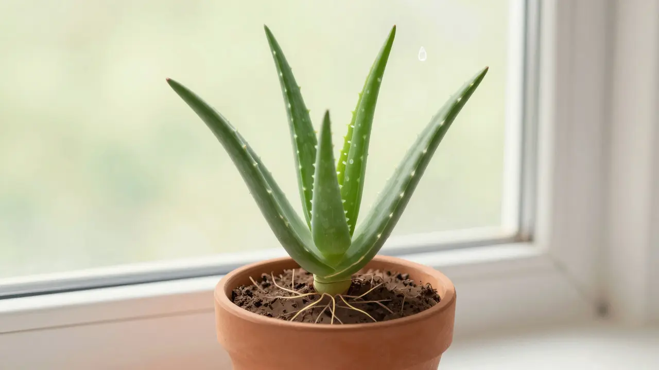 Aloe vera v novém hrnci na světlém místě po přesazení