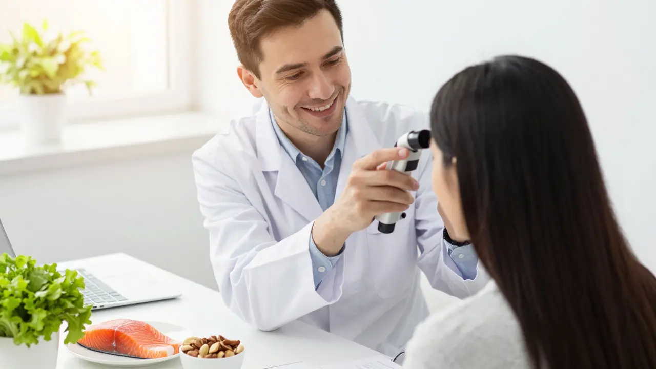 Dermatolog vyšetřuje pokožku hlavy pacienta pomocí dermoskopu v ordinaci.