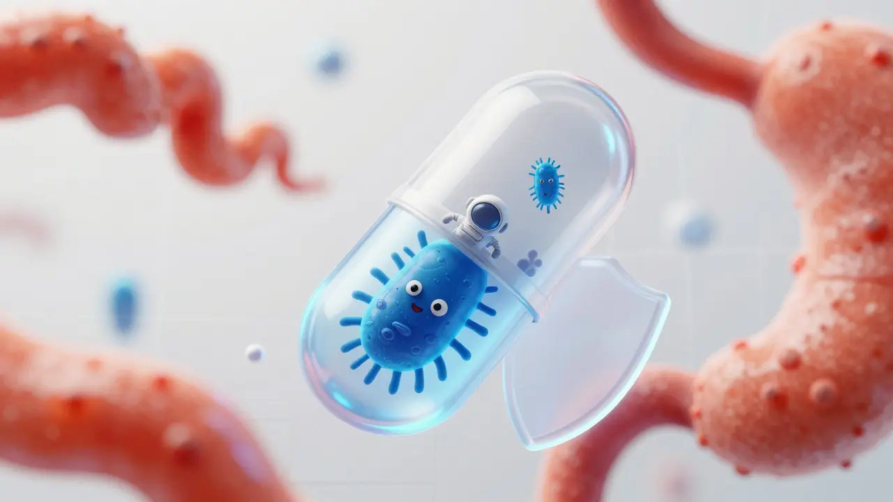 Konceptuální ilustrace probiotické kapsule s bakteriemi chráněnými před žaludeční kyselinou.